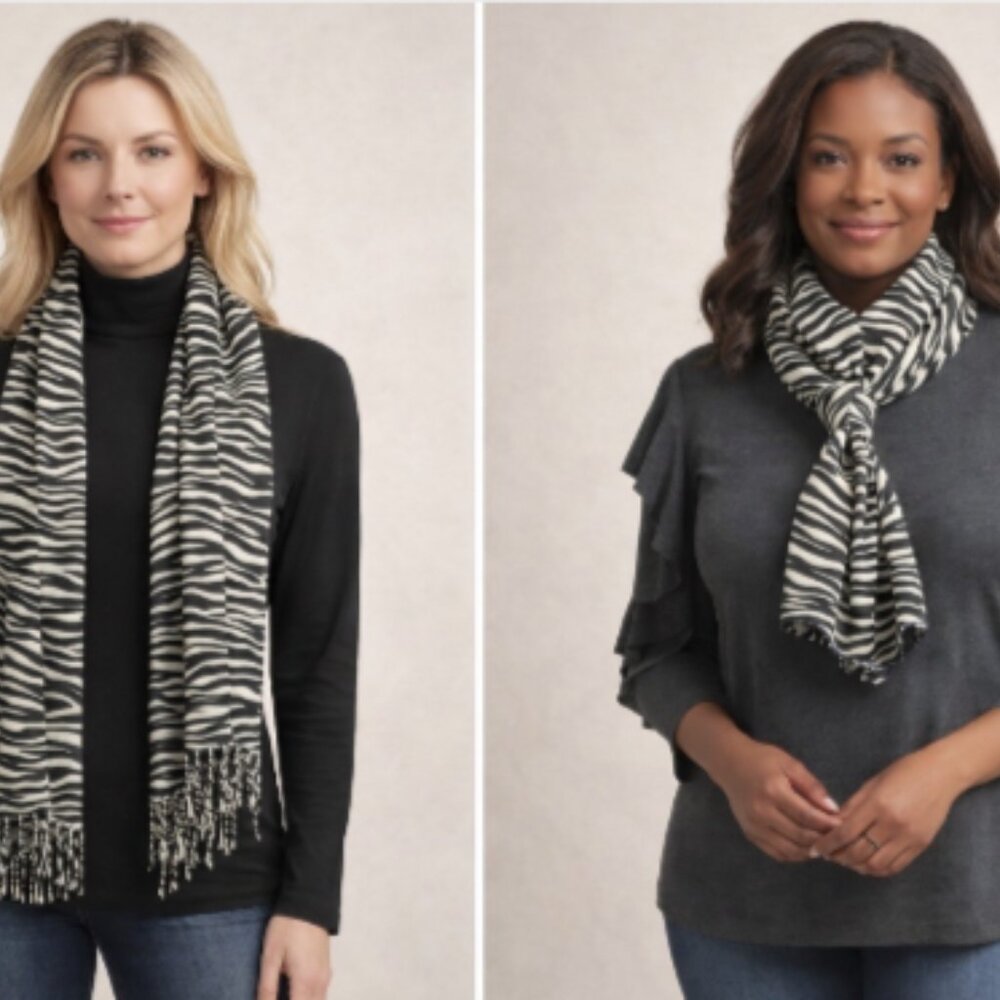 Max Studio Cold Shoulder Sweater + Black Turtleneck + Zebra Scarf 3pc Bundle